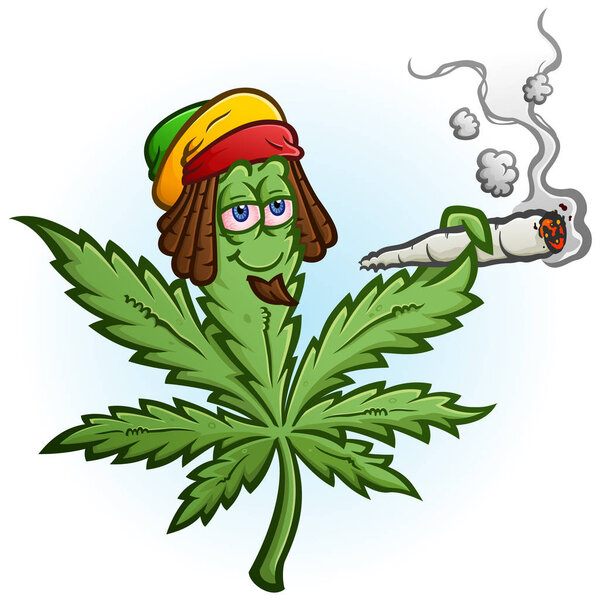 A cheerful marijuana vector cartoon character getting high and smoking a huge rolled up pot joint and wearing a Rastafari hat