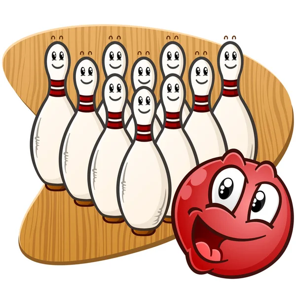 Egy Boldog Piros Bowling Golyót Egy Teljes Rack Csapok Ellen — Stock Vector