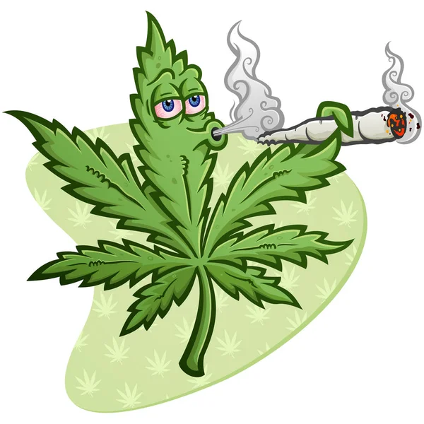 一个欢快的大麻矢量卡通人物得到高和吸烟一个巨大的卷起锅关节和吹烟 — 图库矢量图片