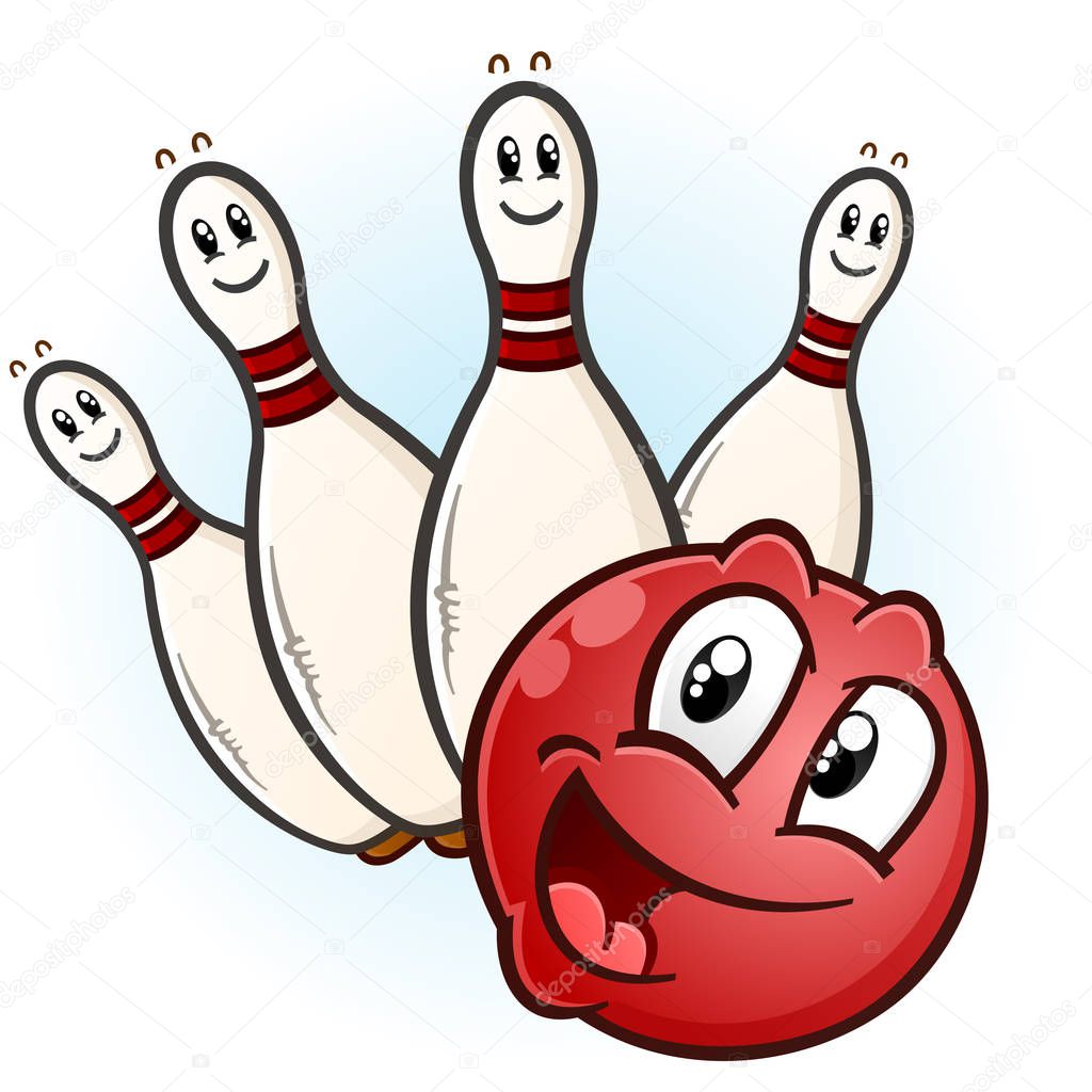 A happy red bowling ball with a partial set of pins ready to pick up a spare