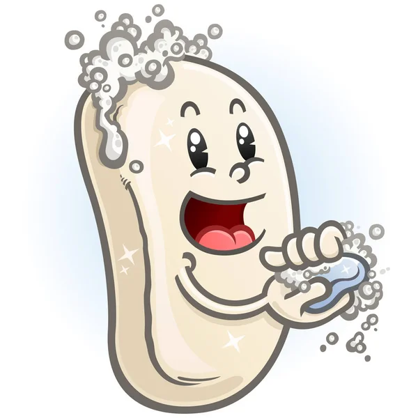 手を洗うきれいな泡の泡の泡とハンドソープ漫画のキャラクターの輝くバー — ストックベクタ