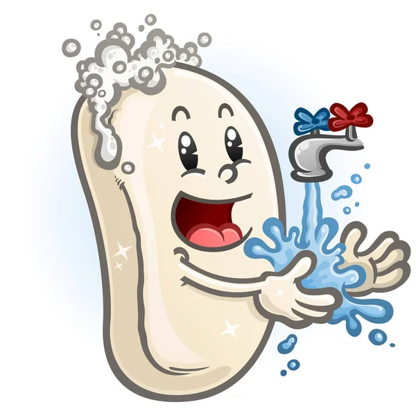 Sparkling Bar Hand Soap Cartoon Character Suds Clean Bubbles Rinsing — Stock Vector