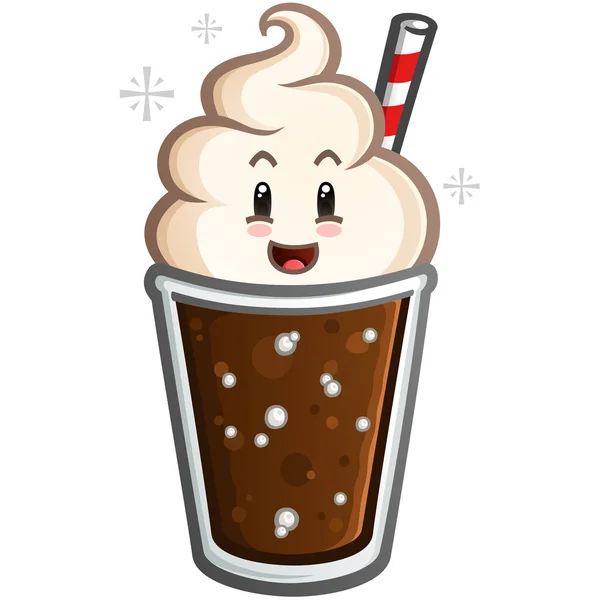 Cute Happy Root Beer Float Cartoon Character Red White Striped — Stock Vector