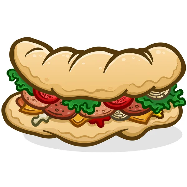 Grand Sous Plat Délicieux Sandwich Hoagie Héro Garni Viande Condiments — Image vectorielle