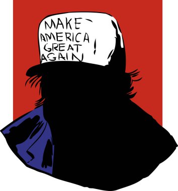 12 Aralık 2017. Gölgeli şekil Cumhurbaşkanı Donald J. Trump Maga şapkası kırmızı arka plan üzerinde benzeyen.