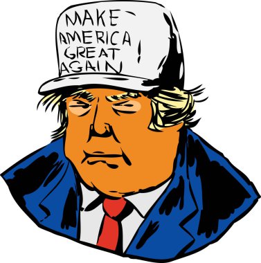 12 Aralık 2017. Başkan Donald J. Trump beyaz arka plan üzerinde Maga şapka karikatürü