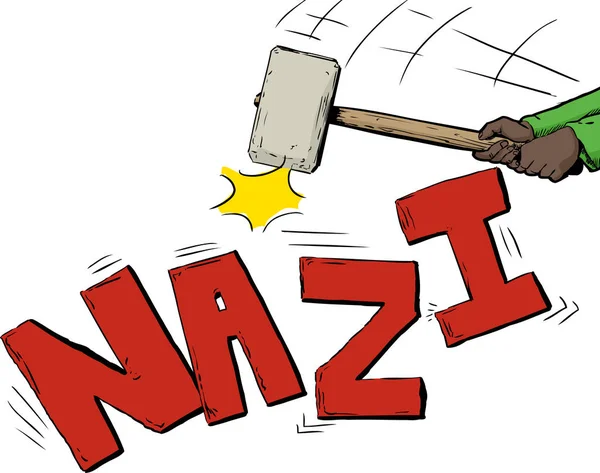Sledge Hammer Handen Breken Het Woord Nazi Wit — Stockvector