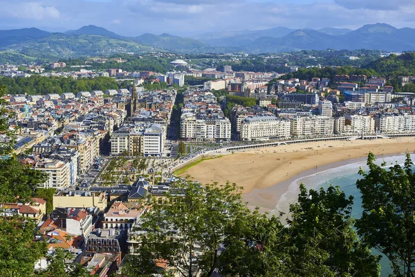 San Sebastian, İspanya - 10 Mayıs 2018. Havadan görünümü Concha plaj ve Katedrali, Buen papaz (Good Shepherd) Monte Urgull kökenli güneşli gün. Donostia, Bask Ülkesi, Guipuzcoa.