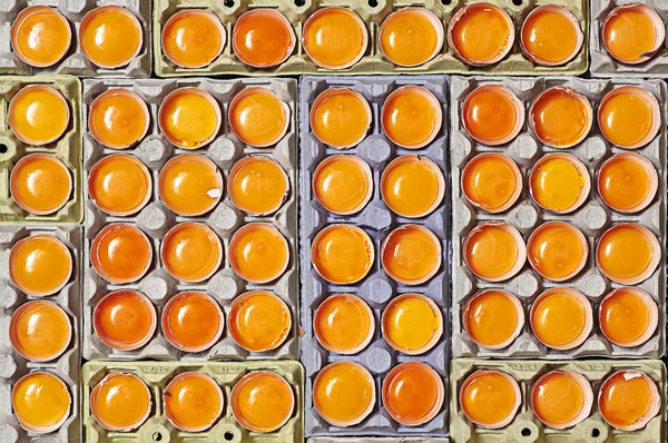 A lot of cracked eggs with a different colors of egg yolk over a egg cartons.