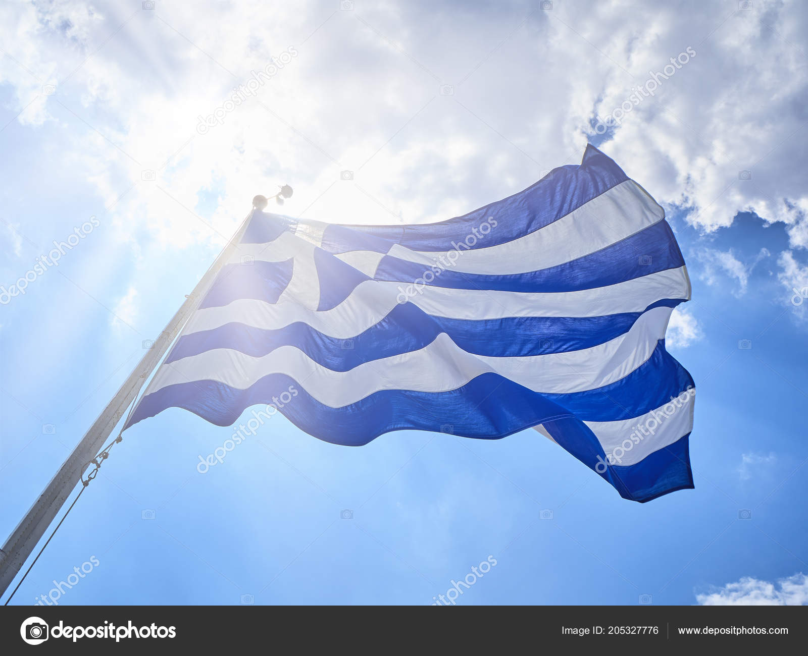 Official Flag Greece Waving Cloudy Sky Sunlight Rays — Stock Photo