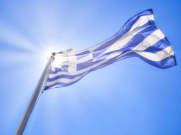 Official Flag Greece Waving Blue Sky Sunlight Rays — Stock Photo, Image