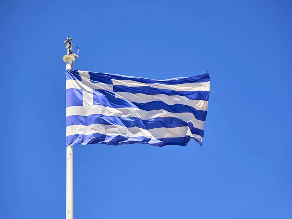 Official Flag Greece Waving Blue Sky — Stock Photo, Image