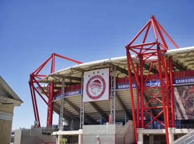 Atina, Yunanistan - 29 Haziran 2018. Georgios Karaiskakis Stadyumu, Neo FALIRO, Pire, Atina Olympiakos futbol kulübü takımının ana sayfa.