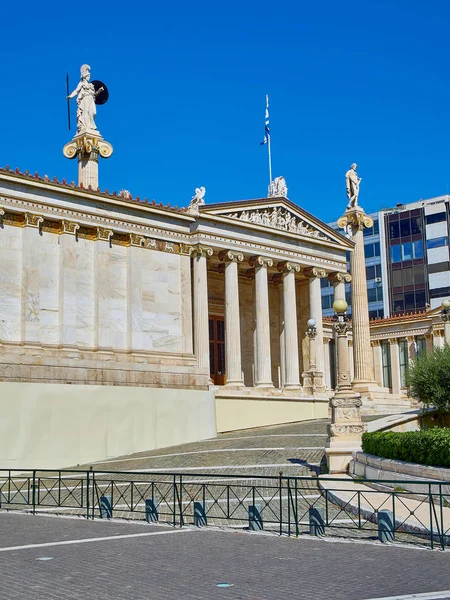 Fachada Principal Academia Atenas Grecia Academia Nacional Flanqueada Por Los —  Fotos de Stock