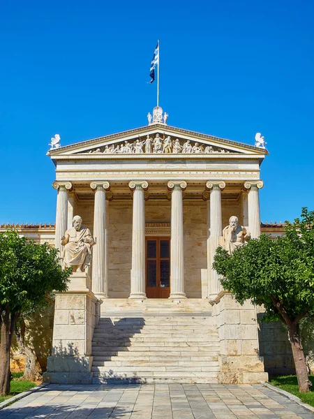 Fachada Principal Academia Atenas Grecia Academia Nacional Flanqueada Por Platón — Foto de Stock