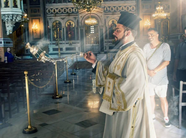 Athens Greece June 2018 Orthodox Priest Uses Censer Venerate Sacred — Stock Photo, Image