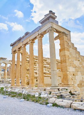Erechtheion, antik tapınak Athena ve Poseidon, Atina Akropol, onurlandıran Doğu sundurma. Atina. Attica bölgesi, Yunanistan.