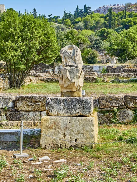 Headless Sculpture Ancient Agora Athens Tourists Walking North Slope Athenian — Stock Photo, Image