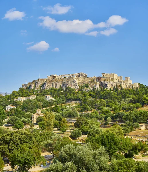 North slope of the Athenian Acropolis. View from the ancient Agora of Athens. Attica region, Greece.