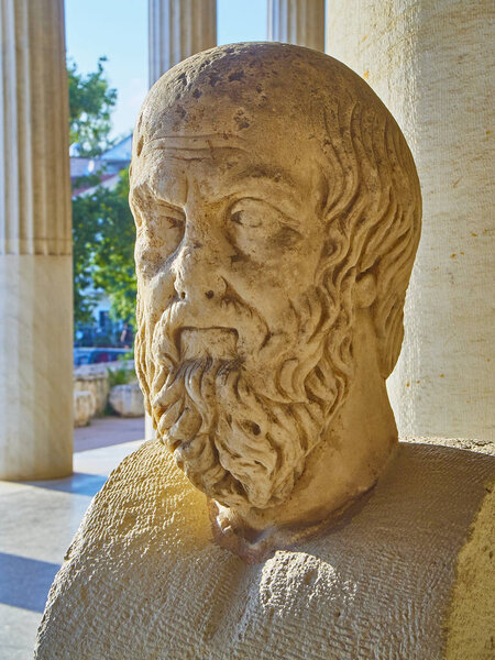 Sculpture of Herodotus in the porch of the Stoa of Attalos building at the Ancient Agora of Athens. Attica region, Greece.
