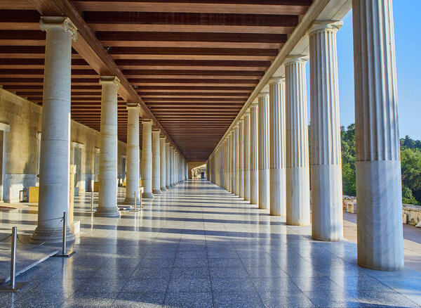 Porch of the Stoa of Attalos building on the Ancient Agora of Athens. Attica region, Greece.