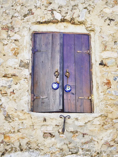 Antique Wooden Window Stone Wall Nazar Boncugu Turkish Eye Shaped — Stock Photo, Image