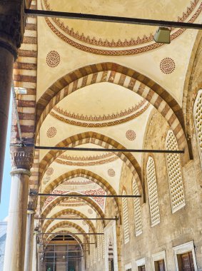 Sultan Ahmet Camii Camii, olarak da bilinen Sultanahmet Camii, ön planda abdest çeşme ile arcaded avlusu. Istanbul, Türkiye.