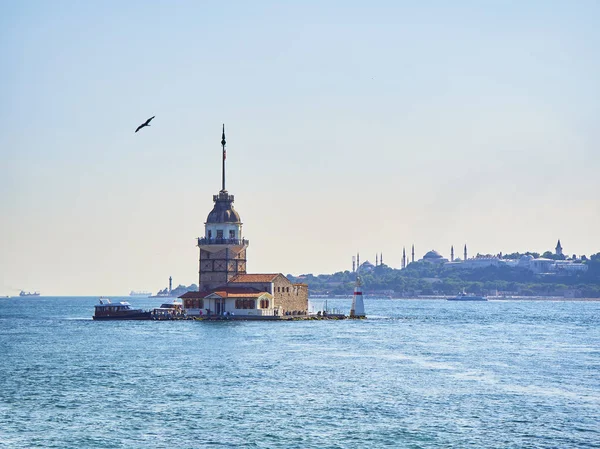 Istanbul Türkiye Temmuz 2018 Kız Kulesi Ayasofya Sophia Camii Arka — Stok fotoğraf
