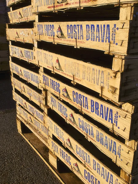 Palamos Spain July 2017 Wooden Fish Crates Stacked Labeled Words — Stock Photo, Image