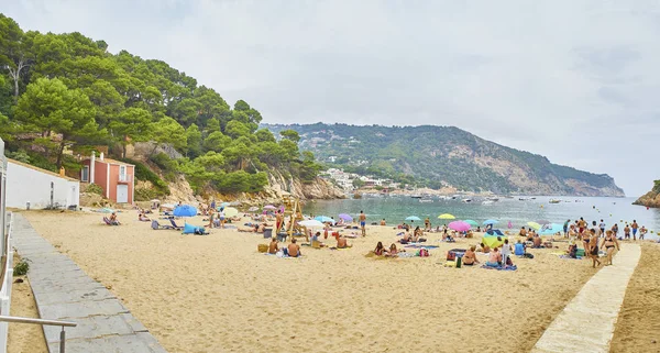 Begur Spain September 2018 Tourists Enjoying Sunbathing Cala Aiguablava Beach — Stock Photo, Image