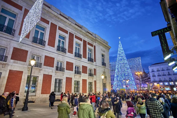 Madrid Espanha Dezembro 2018 Puerta Del Sol Quadrado Anoitecer Iluminado — Fotografia de Stock