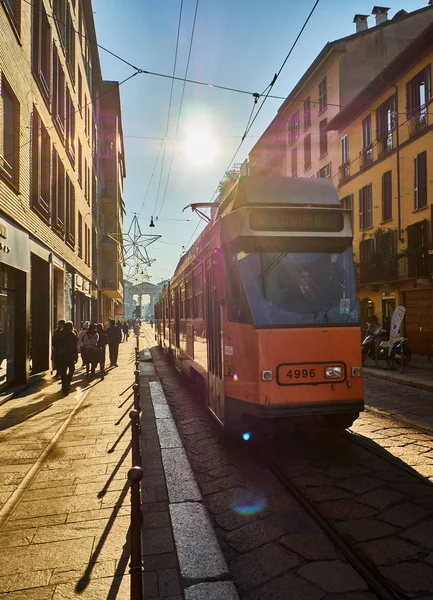 Milan Italy December 2018 Tram Crossing Corso Porta Ticinese Street — Stock Photo, Image