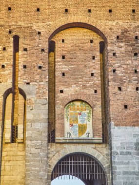 Kat, Francisco Sforza bir tane Castello Sforzesco, Sforza Kalesi ve giriş üzerinde. Milan, Lombardiya, İtalya. 