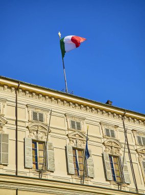 Torino, İtalya - 31 Aralık 2018. Torino Royal Palace ana cephe detay. Piedmont, İtalya.