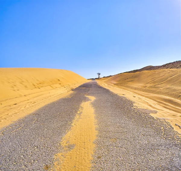 Une route traversant un terrain de dunes arides . — Photo