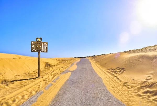 Route traversant un terrain de dunes arides avec un panneau Arrêt de bus . — Photo