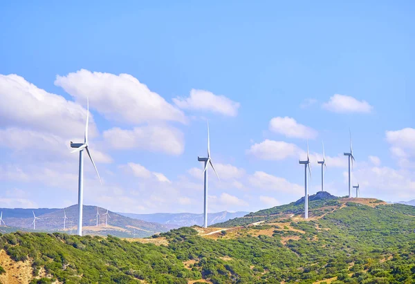 Wind turbines between an arid field and a blue sky background for copy space. — Stock Photo, Image