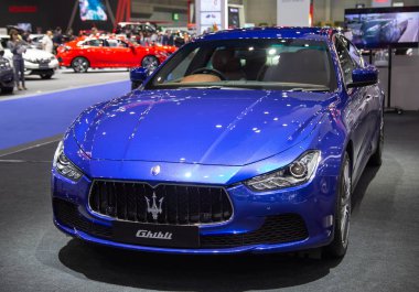 Bangkok, Thailand - August 22, 2018: Maserati Ghibli Luxury Sport Sedan presented in Big Motor Sale 2018 clipart