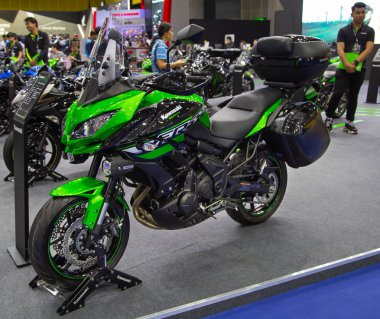 Bangkok, Thailand - August 22, 2018: Kawasaki Versys 650 ABS touring motorcycle presented in Big Motor Sale 2018 clipart
