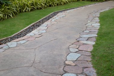 Yeşil çim bahçesinde yol