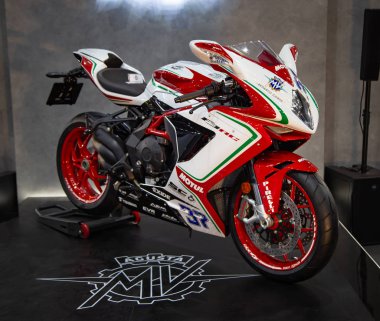 Nonthaburi, Tayland - 4 Aralık 2018: Mv Agusta F3 800 Rc Motor Expo 2018 yılında sunulan