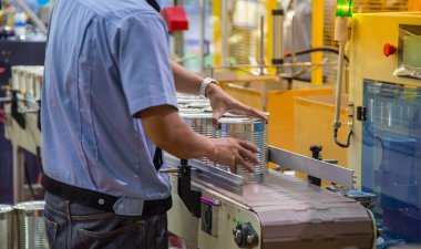 İşçi konveyör üzerinde gıda can düzenlemek