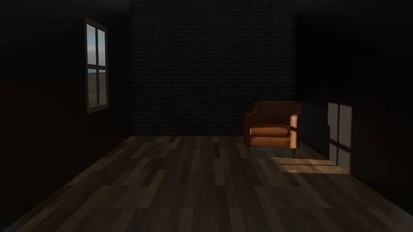 黑暗的空房间 有皮革沙发和砖墙 还有木制地板上有阳光阴影的窗户 3D渲染图像 — 图库照片