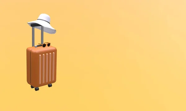 Oranje Koffer Met Hoed Zonnebril Oranje Achtergrond Reisvakantie Concept Weergave — Stockfoto