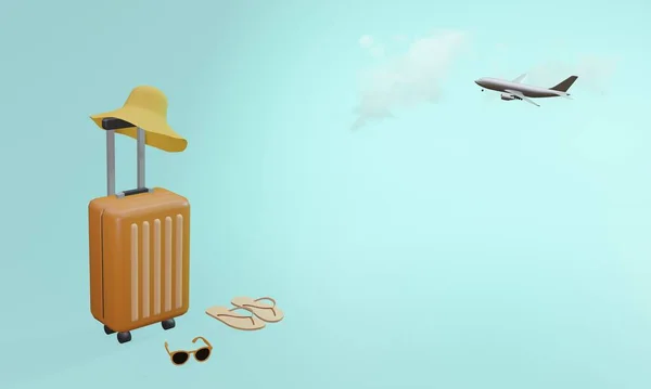 Oranje Koffer Met Hoed Zonnebril Slipper Met Vliegend Vliegtuig Blauwe — Stockfoto