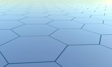 Perspektif ızgara altıgen yüzey. Geometri kalıbı. Soyut mavi altıgen arkaplan. 3B görüntüleme