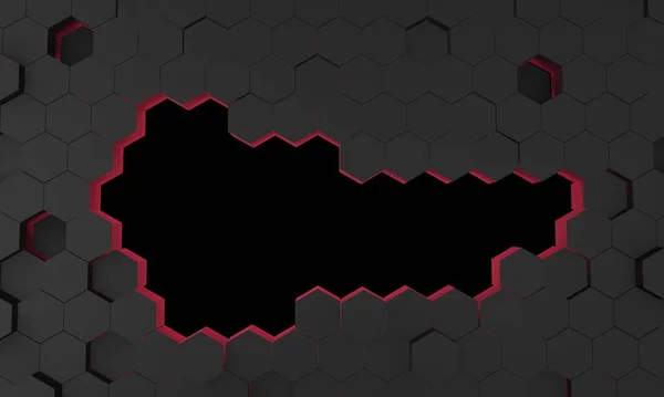 Hexagonal grid surface. Geometry pattern with blank copy space. Abstract black hexagon background. 3D rendering image