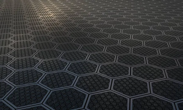 Perspective grid hexagonal surface. Geometry pattern. Abstract hexagon with metal plate texture background. 3D rendering image