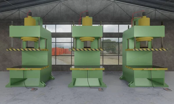 Hydraulic press stamping machine for forming metal sheet. Industrial metalwork manufacturing. 3D rendering image