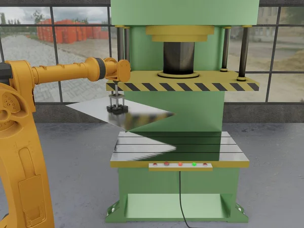 Automatiserad Tillverkning Fabrik Robotarm Lastning Metallplåt Till Hydraulisk Press Stämpling — Stockfoto
